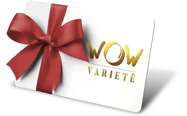 Eine Gutscheinkarte mit WOW Varieté Logo und einer Schleife
